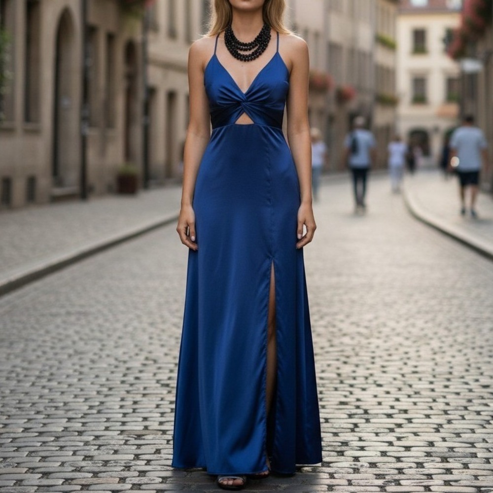 Lulus Dress Small Blue Satin Maxi V-Neck Cutout Side Slit Formal Evening 4044